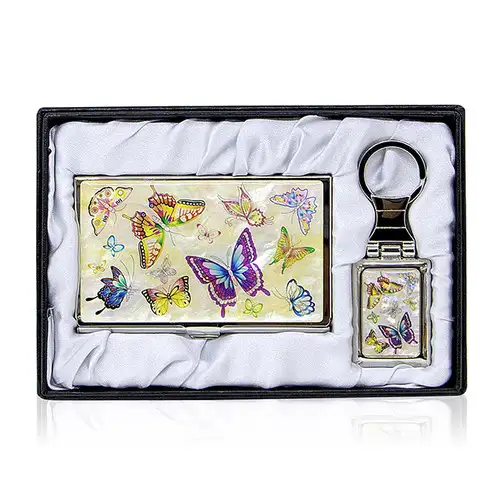 Premium Mother-of-Pearl Business Card Case and Keyring 2-Piece Set (029-Butterfly White) — 2
