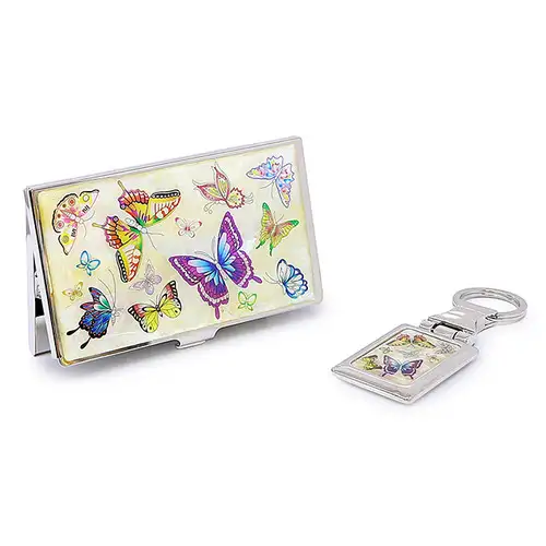 Premium Mother-of-Pearl Business Card Case and Keyring 2-Piece Set (029-Butterfly White) — 3
