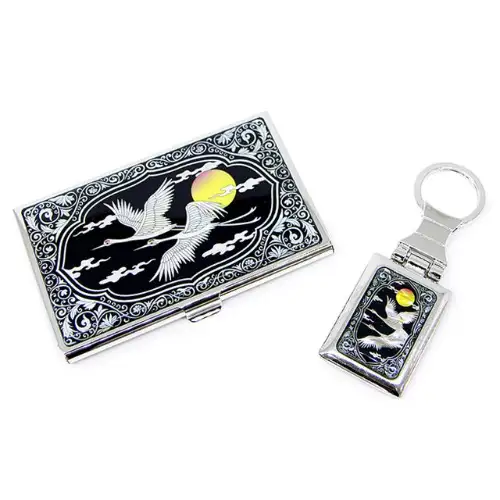 Premium Nacre Business Card Case and Keyring 2-Piece Set (039-Cloud and Crane) — 1