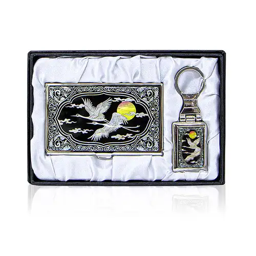 Premium Nacre Business Card Case and Keyring 2-Piece Set (039-Cloud and Crane) — 2