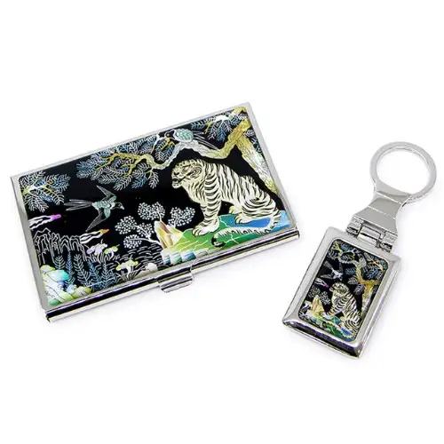 Premium Mother-of-Pearl Business Card Case & Keyring Set - Magpie and Tiger (058) — 1