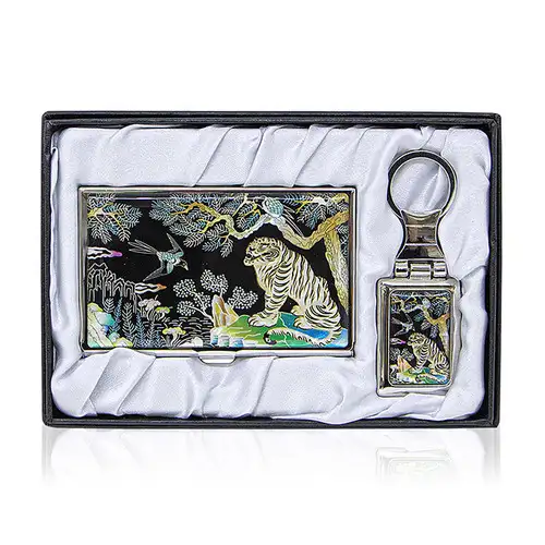 Premium Mother-of-Pearl Business Card Case & Keyring Set - Magpie and Tiger (058) — 2