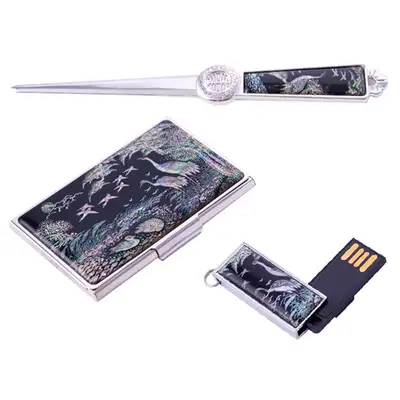 螺鈿名刺入れ+紙刀+USB 8GB (06_松鶴)