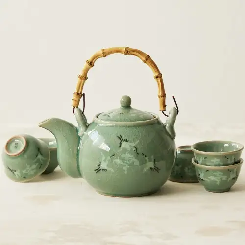 Celadon Cloud and Crane Teapot with Bamboo Handle and 5-Cup Set — 1