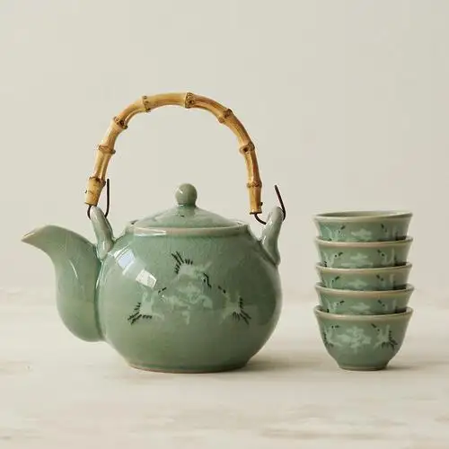 Celadon Cloud and Crane Teapot with Bamboo Handle and 5-Cup Set — 2