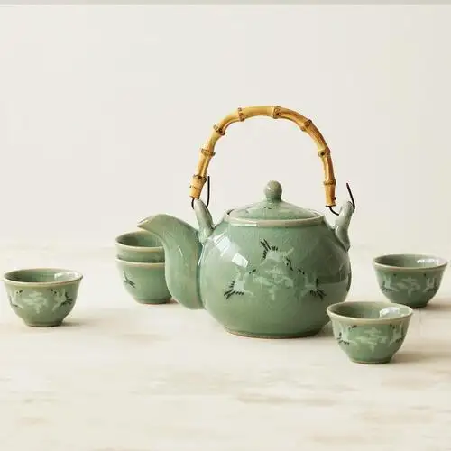 Celadon Cloud and Crane Teapot with Bamboo Handle and 5-Cup Set — 3