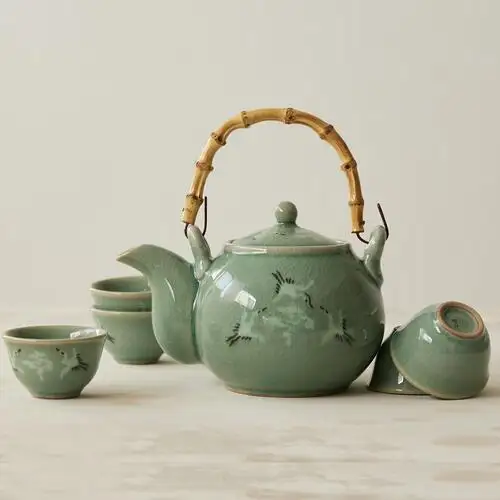 Celadon Cloud and Crane Teapot with Bamboo Handle and 5-Cup Set — 4