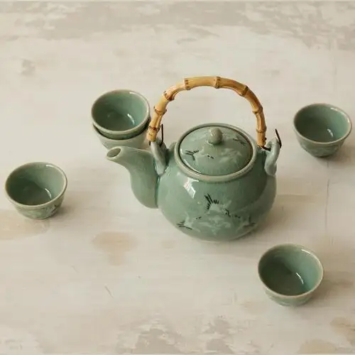 Celadon Cloud and Crane Teapot with Bamboo Handle and 5-Cup Set — 5