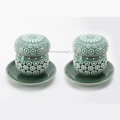 青磁二重透彫菊文茶器杯セット-キム・ヨンス作品 (2ps)