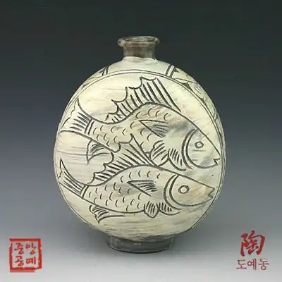 粉青象嵌双魚文扁瓶