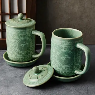 青磁伝統雲鶴茶杯セット(2個)
