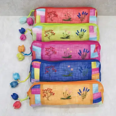 Ramie Embroidery Pencil Case - Random Color
