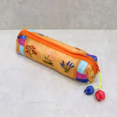 Ramie Embroidered Pencil Case - Random Color