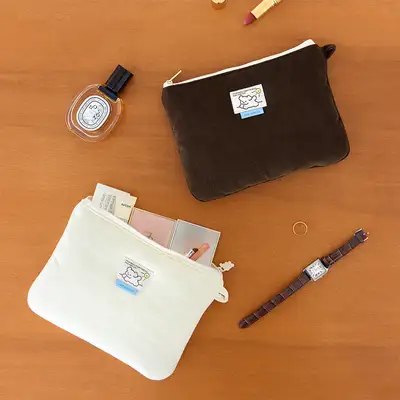 小鱼 灯芯绒平底化妆包