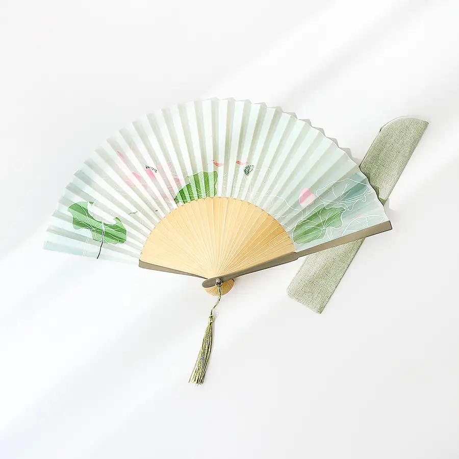 (Gift Set) White Lotus Bamboo Folding Fan (P) + Cotton Fan Pouch — 2