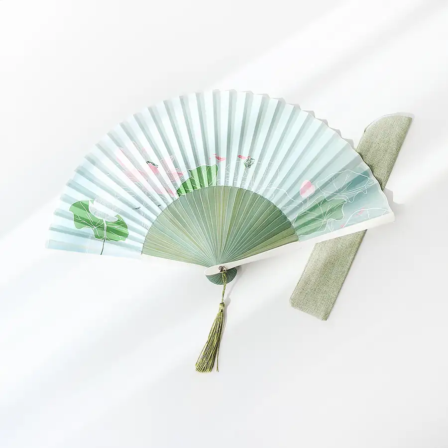 (Gift Set) White Lotus Bamboo Folding Fan (P) + Cotton Fan Pouch — 3