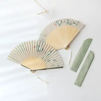 Gift Set: Lotus Folk Art Bamboo Folding Fan (P) + Fabric Fan Pouch