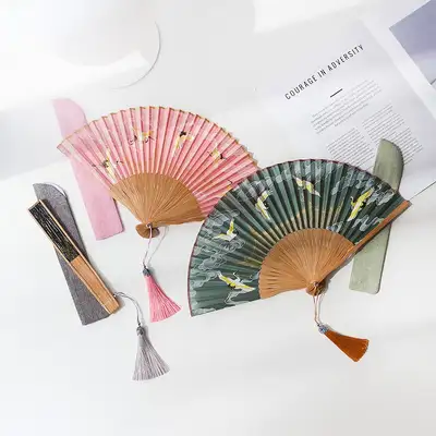 (Gift Set) Cloud Crane Bamboo Folding Fan (P) + Cotton Fan Bag + Decorative Tassel Mini Norigae P
