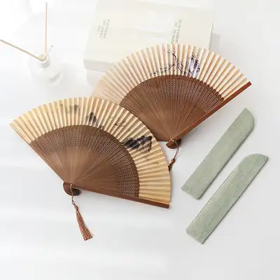 Carved Bamboo Folding Fan Gift Set (P) + Fabric Fan Pouch