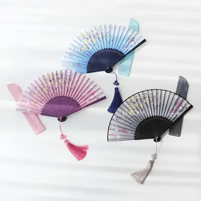(Gift Set) Star Flower Bamboo Folding Fan + Butterfly Knot Tassel Mini Norigae