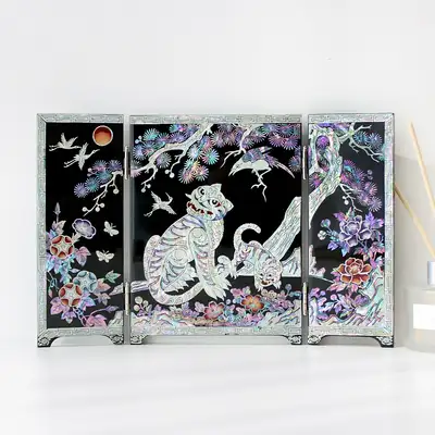 Mother-of-Pearl Inlaid Lacquerware Magpie and Tiger Decorative Folding Screen