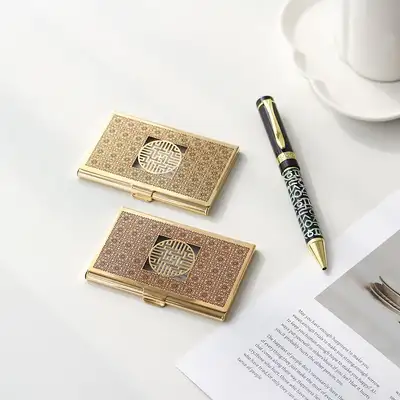 (2 Types) Gold Metal Mother-of-Pearl Business Card Case + Grid Hangul Mother-of-Pearl Ballpoint Pen Set (Mother-of-Pearl Bottom)