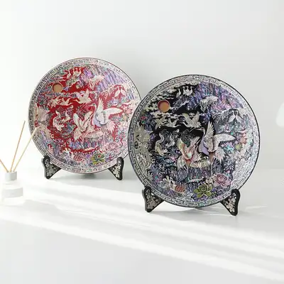 Langjae Nacre Inlay Lacquerware Crane Round Decorative Mother-of-Pearl Tray 30cm