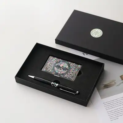 (2-Piece Set) Black Mother-of-Pearl Business Card Case N + Gift Mother-of-Pearl Ballpen