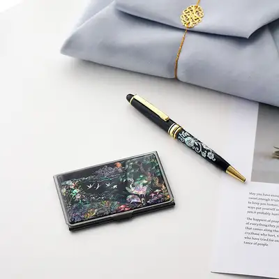 (2-Piece Set) Black Mother-of-Pearl Business Card Case N + Mother-of-Pearl Ballpoint Pen