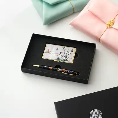 (2-Piece) Gold Mother-of-Pearl Business Card Case + Colored Plum Full-Marking Mother-of-Pearl Ballpoint Pen Gift Set