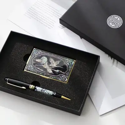 (2-Piece Set) Gold Shell Inlay Business Card Case N + Shell Inlay Pen