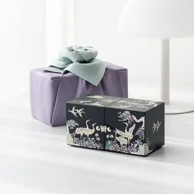 Nacre Inlay Lacquerware Black Lacquer Pine and Crane Mini Double Box Jewelry Box (14cm)