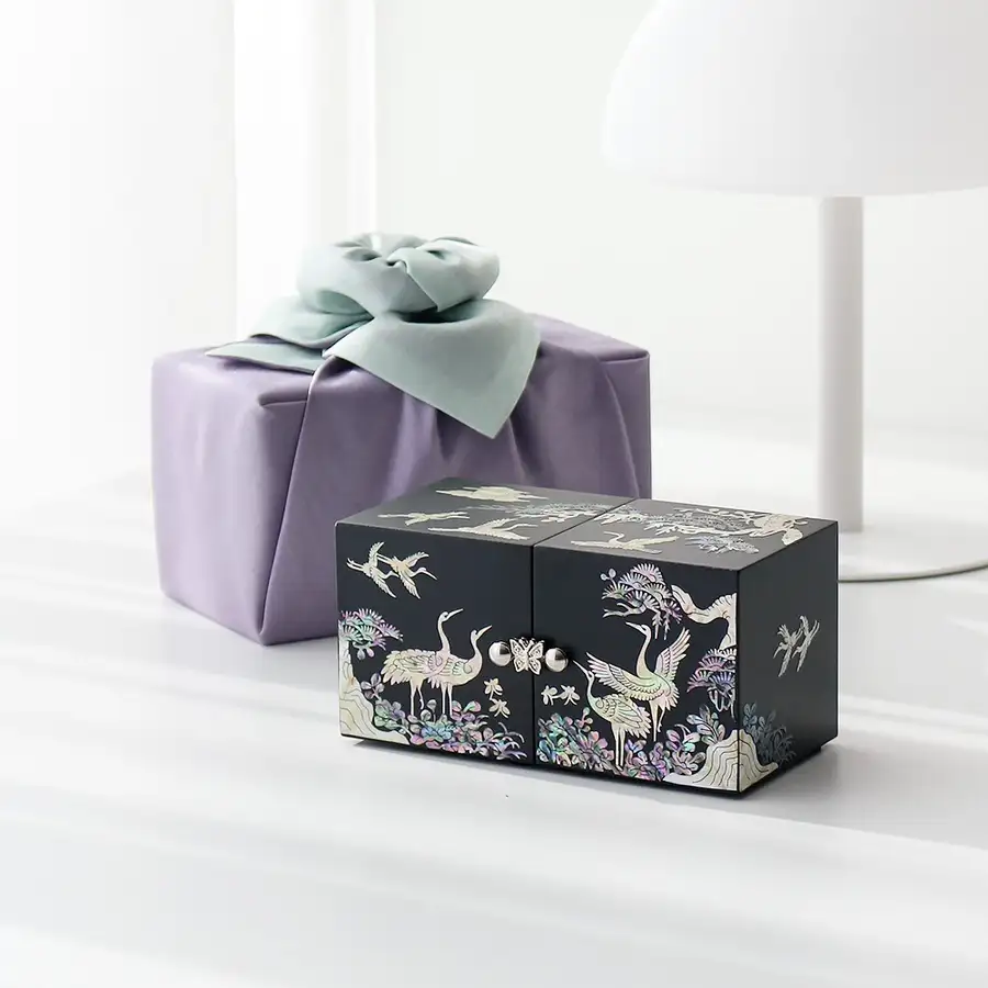 Nacre Inlay Lacquerware Black Lacquer Pine and Crane Mini Double Box Jewelry Box (14cm) — 1