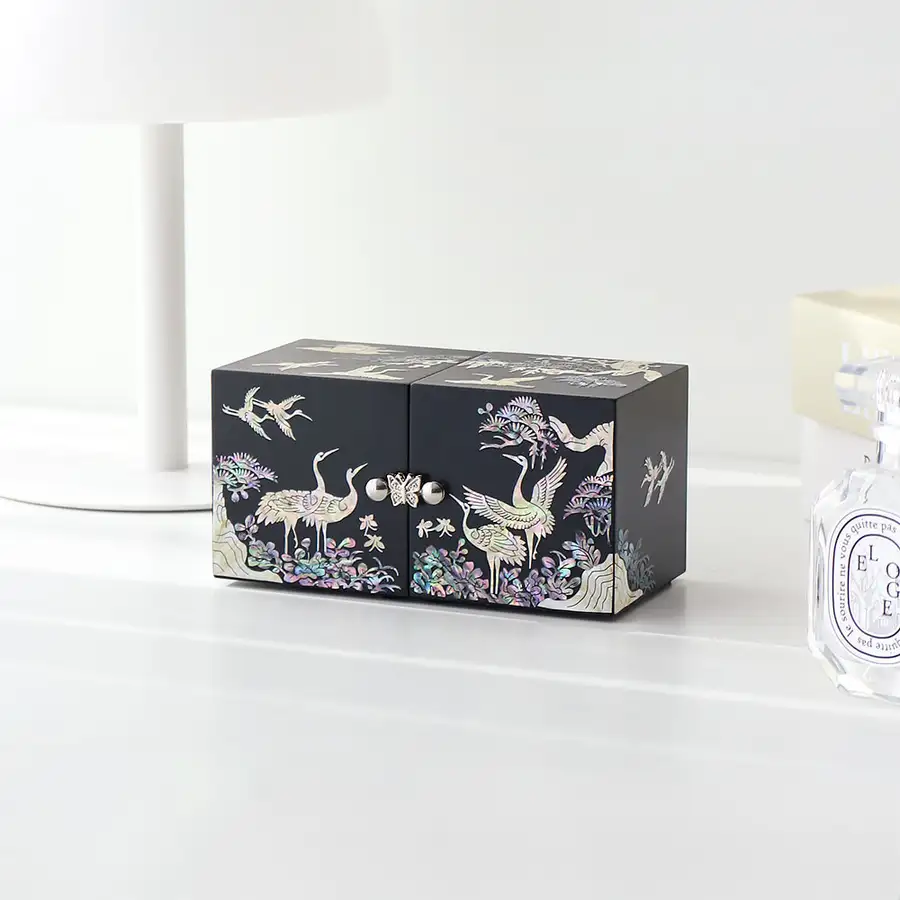Nacre Inlay Lacquerware Black Lacquer Pine and Crane Mini Double Box Jewelry Box (14cm) — 2