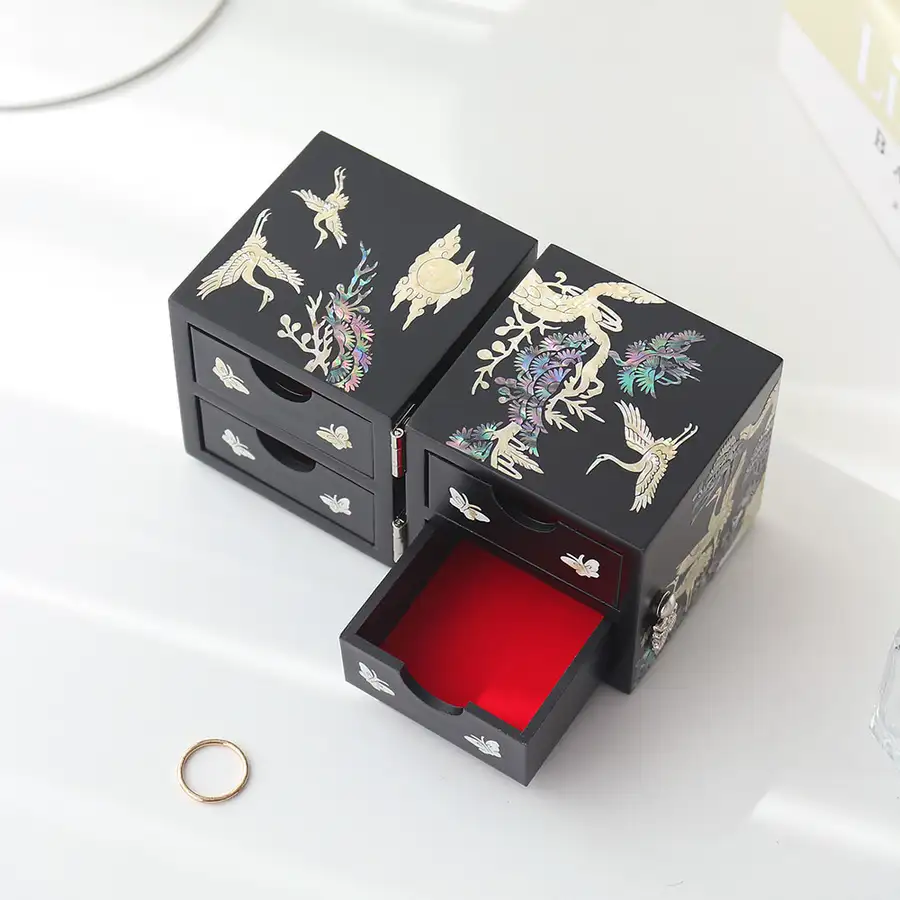 Nacre Inlay Lacquerware Black Lacquer Pine and Crane Mini Double Box Jewelry Box (14cm) — 3
