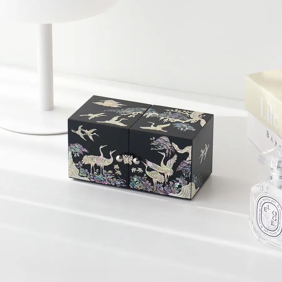 Nacre Inlay Lacquerware Black Lacquer Pine and Crane Mini Double Box Jewelry Box (14cm) — 4