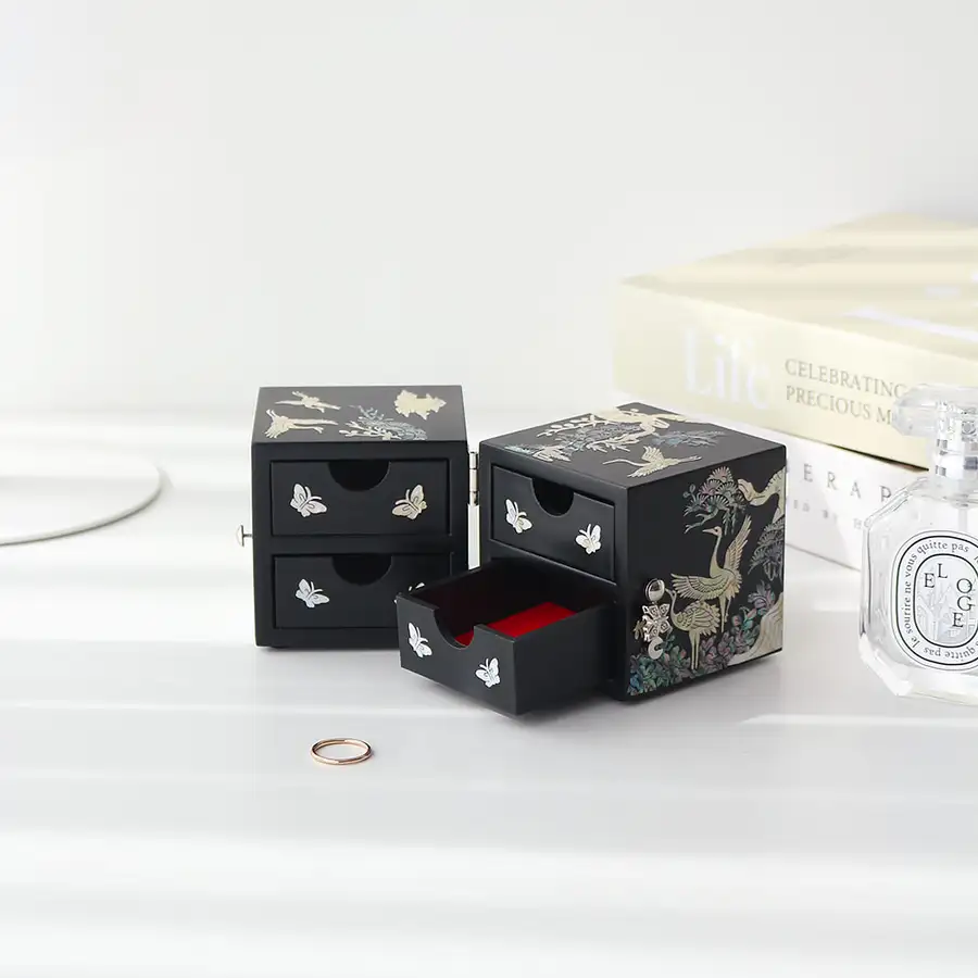 Nacre Inlay Lacquerware Black Lacquer Pine and Crane Mini Double Box Jewelry Box (14cm) — 5
