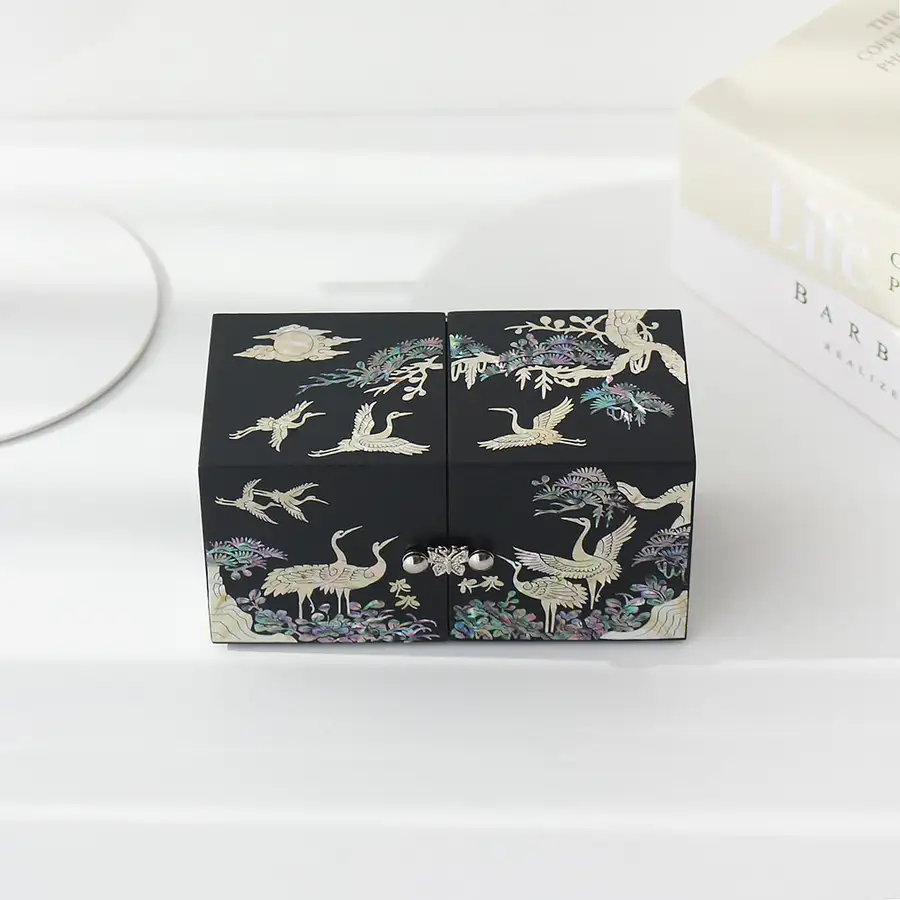 Nacre Inlay Lacquerware Black Lacquer Pine and Crane Mini Double Box Jewelry Box (14cm) — 6