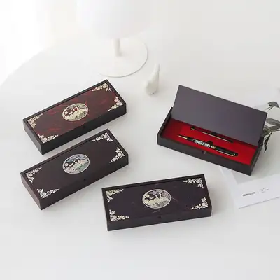 Mother-of-Pearl Lacquerware Oval Auto Pen Case (Pine and Crane) + Mother-of-Pearl Ballpoint Pen (Flower and Crane) + Ballpoint Refill Set