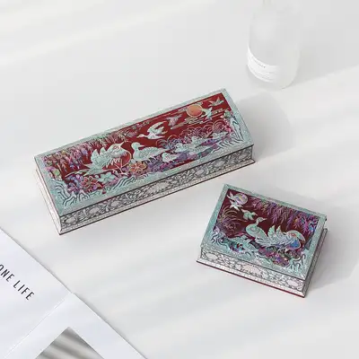 Mother-of-Pearl Lacquerware Mandarin Duck Auto-Opening Pen Case + Business Card Holder Set