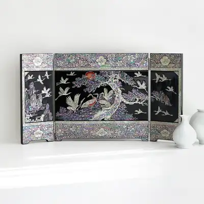 螺钿漆器松鹤装饰立体三折贝壳屏风 剑大（장태복作品）