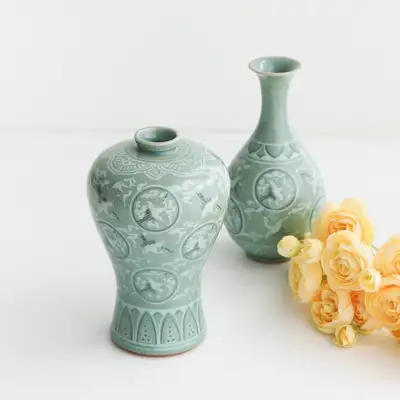名品松月裂纹青瓷梅竹病套装(特小) 圆运鹤 17cm