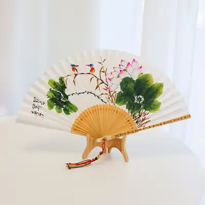 (手绘)南正东洋画特五竹笺竹折扇/荷花+高级传统手结赠品