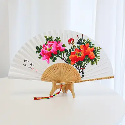 （亲笔）南静东洋画特五竹扇竹骨折扇/牡丹+高级传统结绳赠送