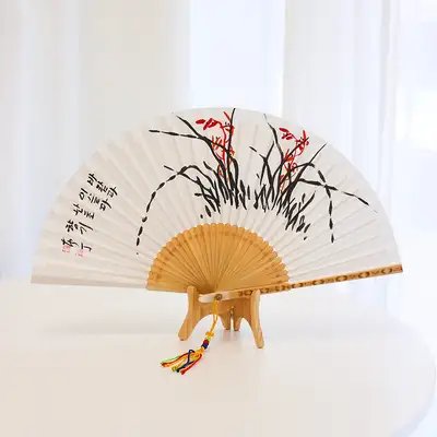 （手绘）南正东洋画特五竹扇竹制折扇/兰花+高级传统结绳 赠送
