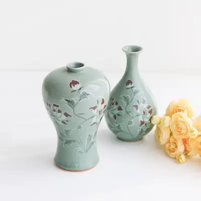 名品松月冰裂青瓷梅竹瓶套装(特小) 辰砂牡丹 17cm