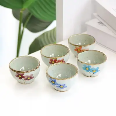 花卉五彩五人茶杯套装 传统茶具茶杯