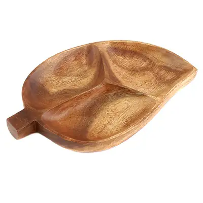 Wood Leaf-Shaped 3-Compartment Appetizer Plate