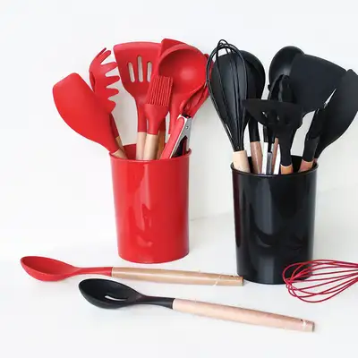 Wood Handle Silicone Cooking Utensil Set 12-Piece (Red Black Kitchen Tools Set Housewarming Moving Gift)