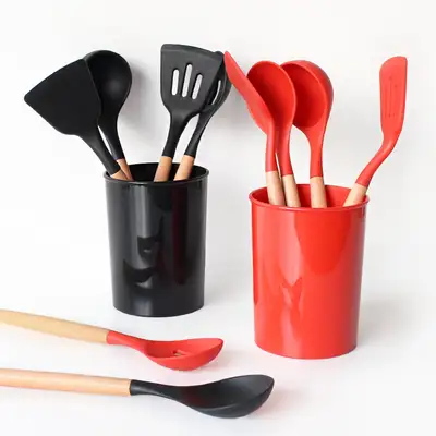 Wood Handle Silicone Cooking Utensil 6-Piece Set (Red Black Kitchen Tools Set)